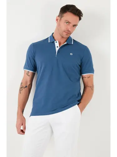 Mavi %100 Pamuk Düğmeli Slim Fit Erkek Polo Yaka Tişört 5902118-Mavi - LC WAIKIKI (1)