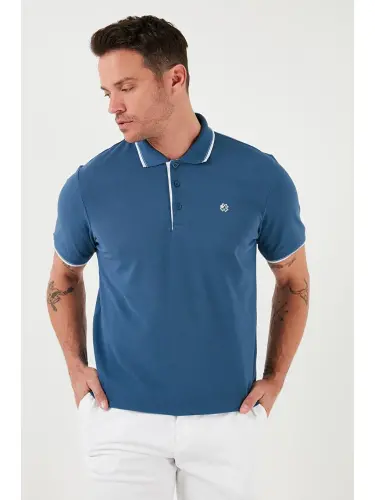 Mavi %100 Pamuk Düğmeli Slim Fit Erkek Polo Yaka Tişört 5902118-Mavi - 3
