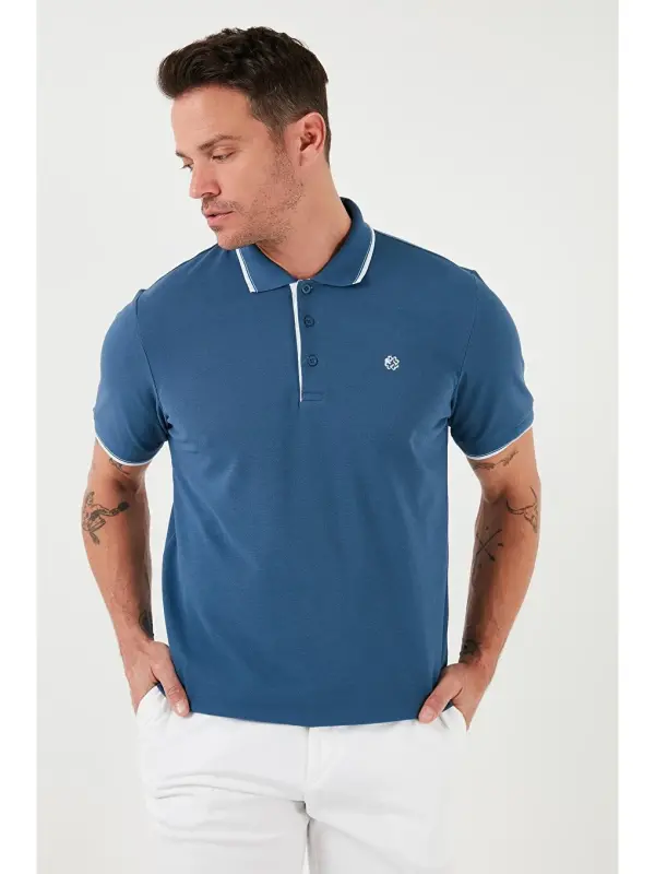 Mavi %100 Pamuk Düğmeli Slim Fit Erkek Polo Yaka Tişört 5902118-Mavi - 3
