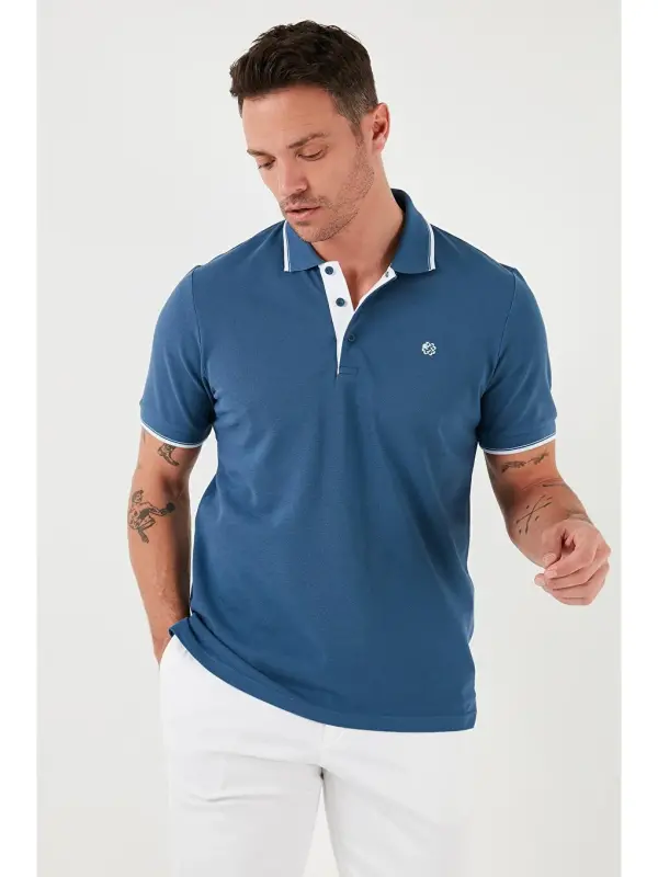 Mavi %100 Pamuk Düğmeli Slim Fit Erkek Polo Yaka Tişört 5902118-Mavi - 4