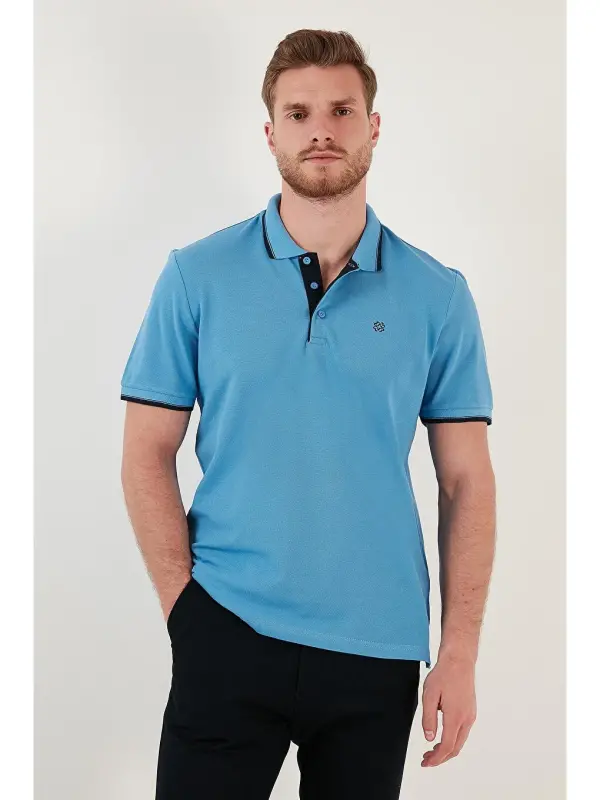 Mavi %100 Pamuk Düğmeli Slim Fit Erkek Polo Yaka Tişört 5902118-Mavi - 6