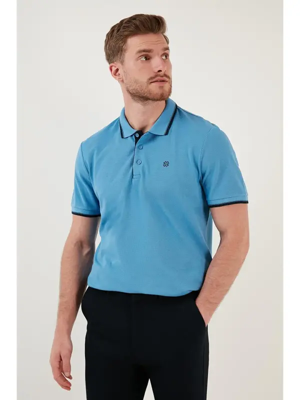 Mavi %100 Pamuk Düğmeli Slim Fit Erkek Polo Yaka Tişört 5902118-Mavi - 7