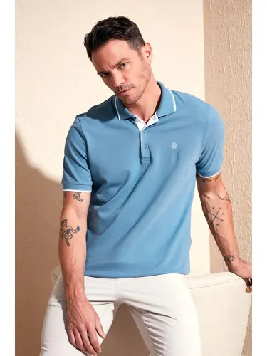 Mavi %100 Pamuk Düğmeli Slim Fit Polo Tişört 5902118-Mavi 