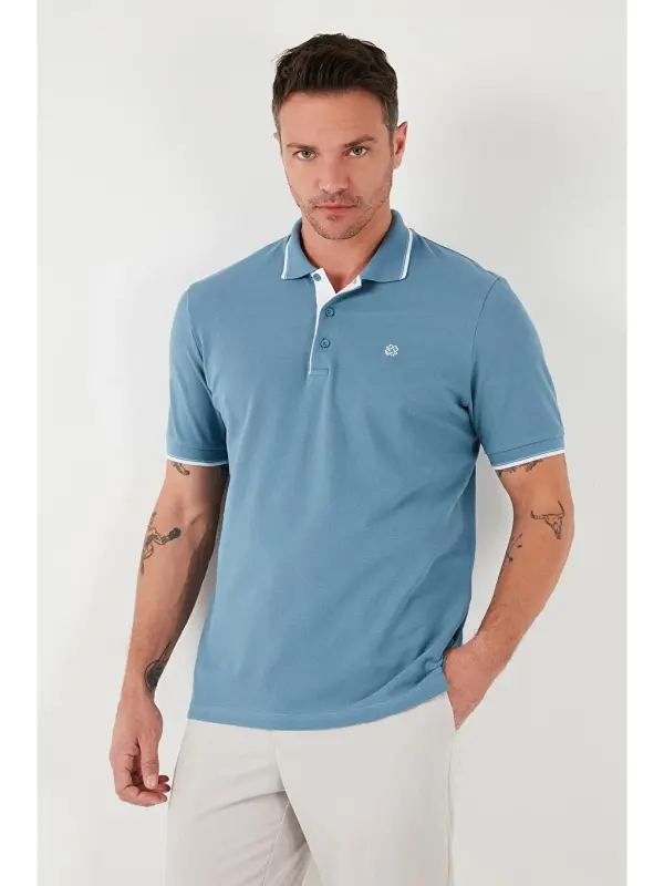 Mavi %100 Pamuk Düğmeli Slim Fit Polo Tişört 5902118-Mavi - 2