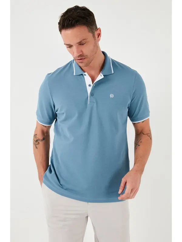 Mavi %100 Pamuk Düğmeli Slim Fit Polo Tişört 5902118-Mavi - 3