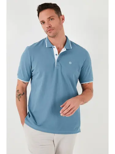 Mavi %100 Pamuk Düğmeli Slim Fit Polo Tişört 5902118-Mavi - 4