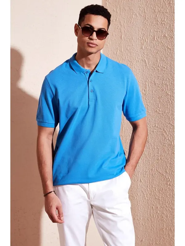 Mavi %100 Pamuk Regular Fit Düğmeli Polo Yaka Tişört 5902127-Mavi - 1