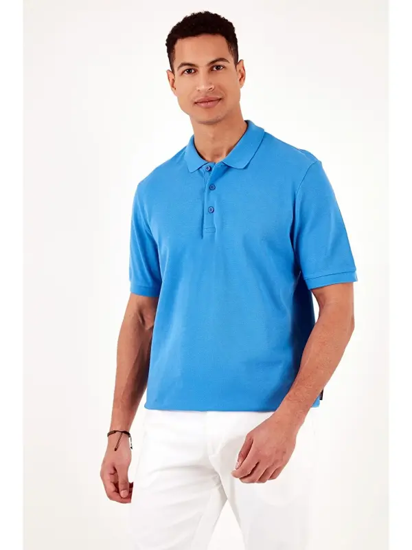 Mavi %100 Pamuk Regular Fit Düğmeli Polo Yaka Tişört 5902127-Mavi - 3
