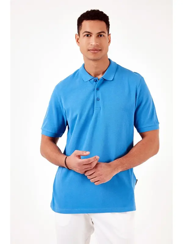 Mavi %100 Pamuk Regular Fit Düğmeli Polo Yaka Tişört 5902127-Mavi - 4