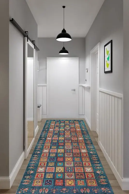 Mavi Afgan Desenli Halı (makinada Yıkanabilir Dot/keçe Taban) - Cp649 - Mavi - 4