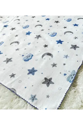 Mavi Ayyıldız Bulut Desenli Müslin Kumaş Erkek Kız Bebek Kundak Battaniye-Mavi - ANNE DOKUNUŞU GIBI KUZUM BEBE (1)