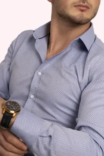 Mavi Baklava Desen Slimfit Erkek Gömlek-Mavi - 4
