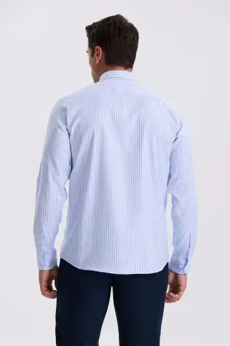 Mavi Beyaz Comfort Fit Ütü Gerektirmeyen %100 Pamuk Çizgili Non İron Gömlek - 4