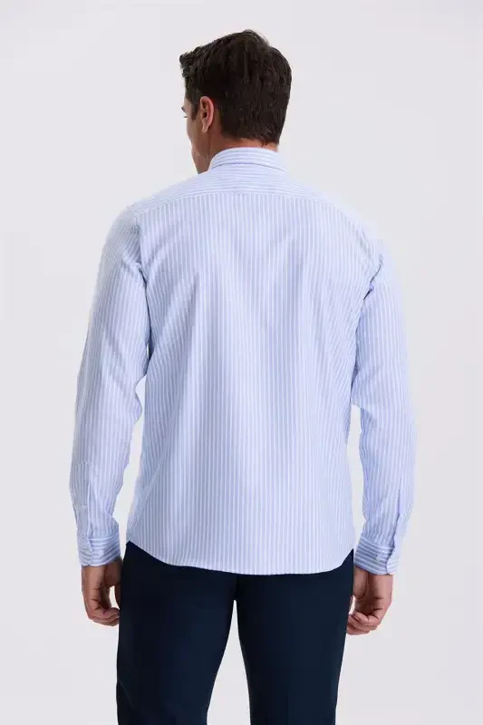 Mavi Beyaz Comfort Fit Ütü Gerektirmeyen %100 Pamuk Çizgili Non İron Gömlek - 4