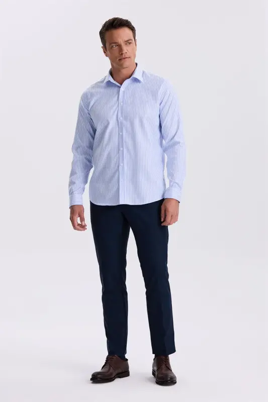 Mavi Beyaz Comfort Fit Ütü Gerektirmeyen %100 Pamuk Çizgili Non İron Gömlek - 2