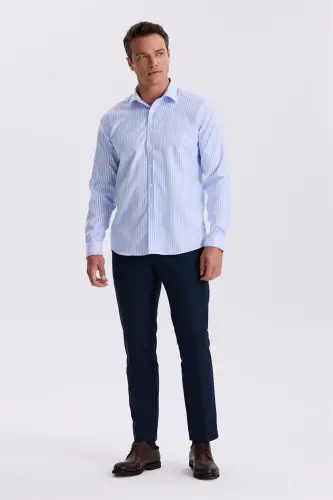 Mavi Beyaz Comfort Fit Ütü Gerektirmeyen %100 Pamuk Çizgili Non İron Gömlek - JAKAMEN (1)