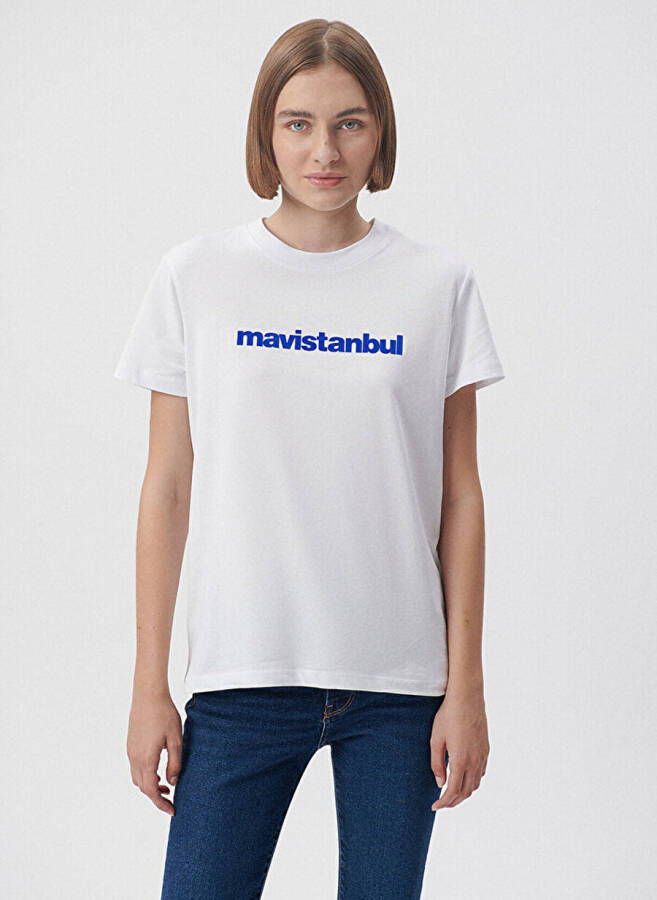 Mavi Bisiklet Yaka Beyaz Kadın T-Shirt M1612108-620 MAVİSTANBUL BASKILI Tİ - 11