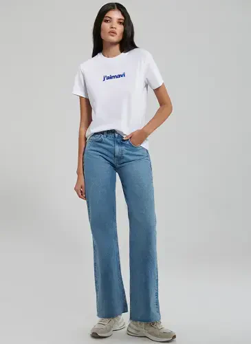 Mavi Bisiklet Yaka Beyaz Kadın T-Shirt M1612242-620-BISIKLET YAKA LOGO TIŞ - MAVI (1)