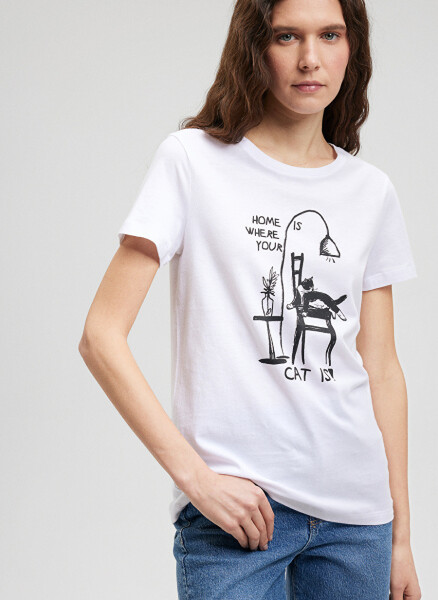 Mavi Bisiklet Yaka Beyaz Kadın T-Shirt M1612390-620-KEDİ BASKILI TİŞÖRT - 6