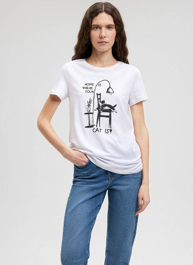 Mavi Bisiklet Yaka Beyaz Kadın T-Shirt M1612390-620-KEDİ BASKILI TİŞÖRT - 1