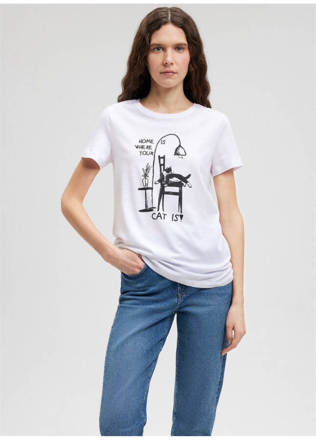 Mavi Bisiklet Yaka Beyaz Kadın T-Shirt M1612390-620-KEDİ BASKILI TİŞÖRT - 9