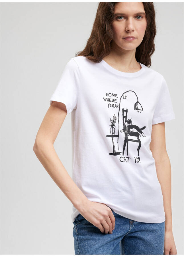 Mavi Bisiklet Yaka Beyaz Kadın T-Shirt M1612390-620-KEDİ BASKILI TİŞÖRT - 10