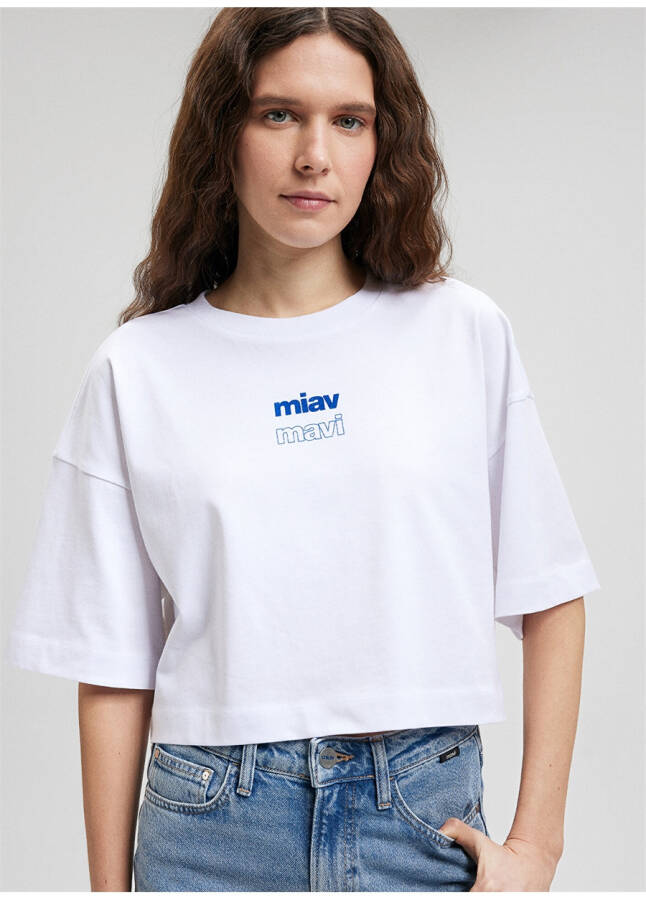 Mavi bisiklet yaka beyaz kadın t-shirt, M1612454-620-MIAV baskılı crop tişört - 7