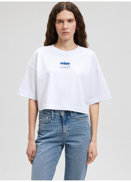 Mavi bisiklet yaka beyaz kadın t-shirt, M1612454-620-MIAV baskılı crop tişört - 9