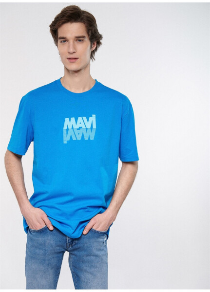 Mavi Bisiklet Yaka Düz Mavi Erkek T-Shirt M0611311-70772_MAVİ LOGO TİŞÖRT - 9