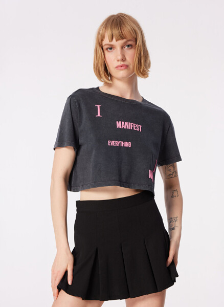 Mavi Bisiklet Yaka Gri Kadın T-Shirt M1612500-70087-GRAFİK BASKILI CROP - 9