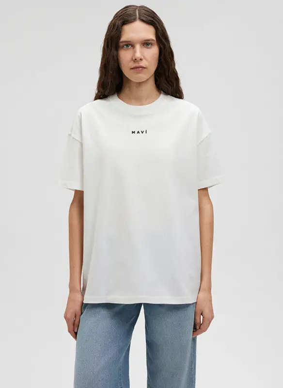 Mavi Bisiklet Yaka Kırık Beyaz Kadın T-Shirt M1612518-70057-MAVI BASKILI TİŞÖRT - 2