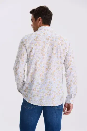 Mavi Çiçek Desenli Yaka Düğmeli Comfort Fit Gömlek - 3