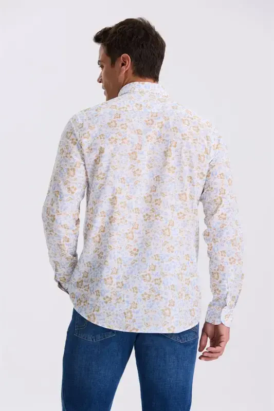 Mavi Çiçek Desenli Yaka Düğmeli Comfort Fit Gömlek - 3