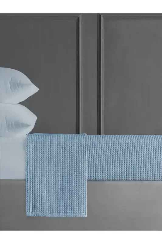 Mavi Çift Kişilik Waffle Pike - Mevsimlik Yatak Örtüsü Uygun - 200x230cm - 30 Derece Yıkama-Mavi - CEMETEKS
