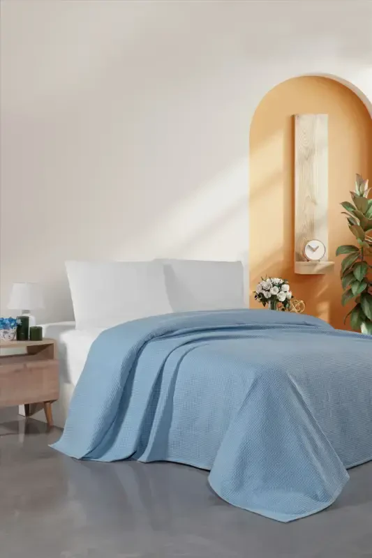 Mavi Çift Kişilik Waffle Pike - Mevsimlik Yatak Örtüsü Uygun - 200x230cm - 30 Derece Yıkama-Mavi - 2