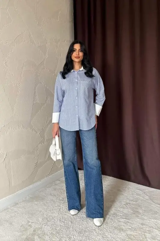 Mavi Çizgili Poplin Uzun Kol Gömlek - 1