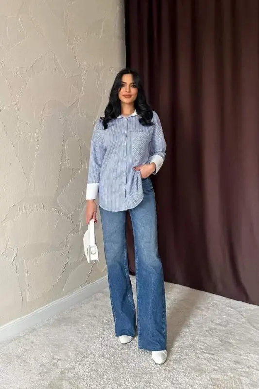 Mavi Çizgili Poplin Uzun Kol Gömlek - 2