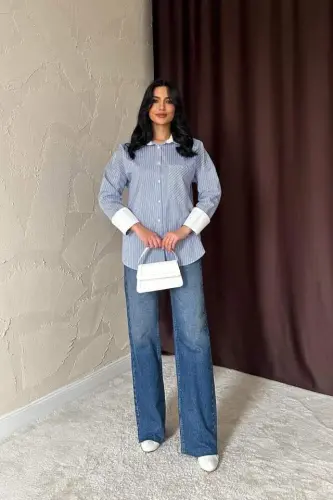 Mavi Çizgili Poplin Uzun Kol Gömlek - 3