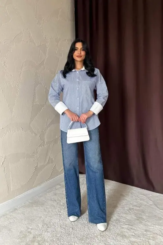 Mavi Çizgili Poplin Uzun Kol Gömlek - 3