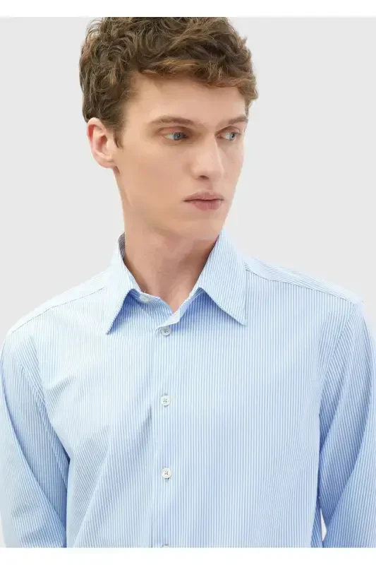 Mavi Çizgili Regular Fit Klasik Gömlek - 3