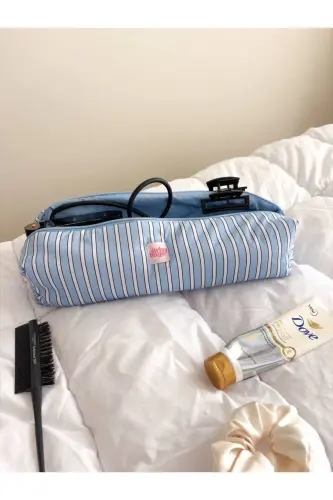 Mavi Çizgili Saç Maşa Düzleştirici Çantası Airwrap Airstrait İçin Elyaf Dolgulu Seyahat Çantası - Mavi Çizgili 