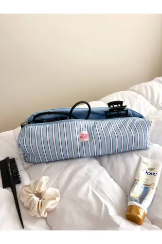 Mavi Çizgili Saç Maşa Düzleştirici Çantası Airwrap Airstrait İçin Elyaf Dolgulu Seyahat Çantası - Mavi Çizgili - 5