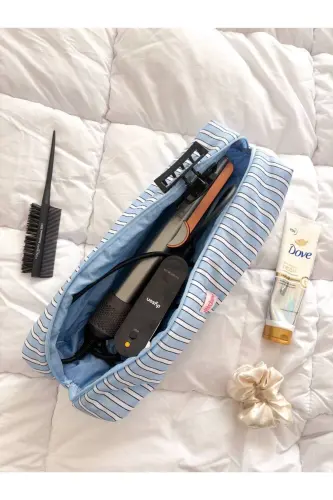 Mavi Çizgili Saç Maşa Düzleştirici Çantası Airwrap Airstrait İçin Elyaf Dolgulu Seyahat Çantası-Mavi Çizgili - GIRLSYBAGS (1)