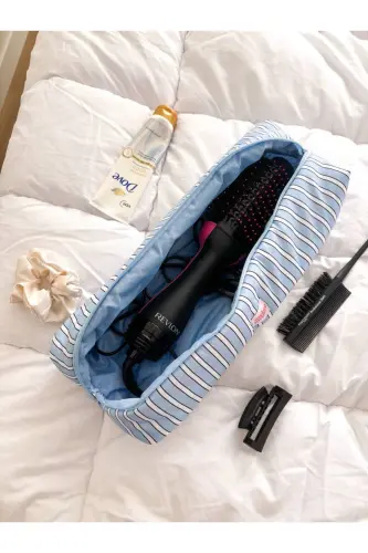 Mavi Çizgili Saç Maşa Düzleştirici Çantası Airwrap Airstrait İçin Elyaf Dolgulu Seyahat Çantası-Mavi Çizgili - 3