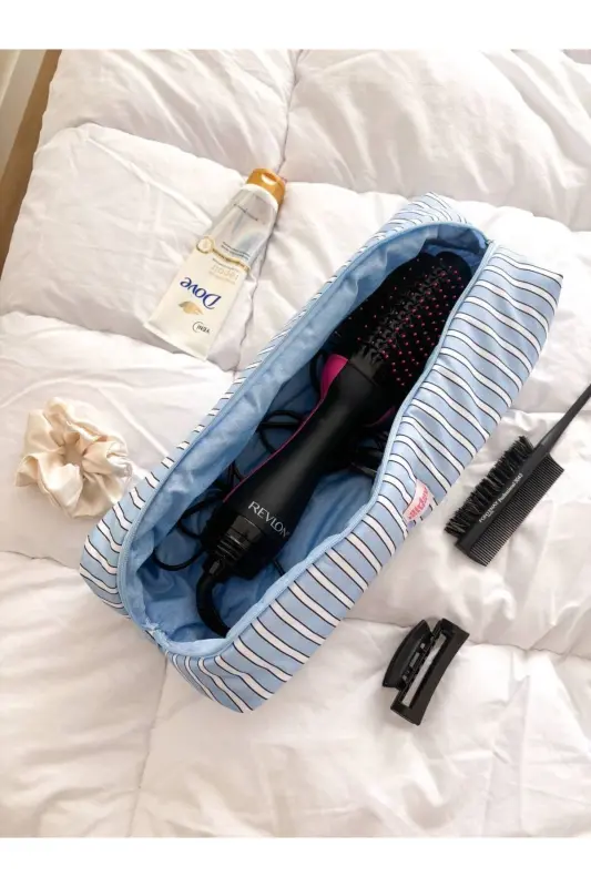 Mavi Çizgili Saç Maşa Düzleştirici Çantası Airwrap Airstrait İçin Elyaf Dolgulu Seyahat Çantası-Mavi Çizgili - 3