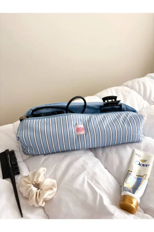 Mavi Çizgili Saç Maşa Düzleştirici Çantası Airwrap Airstrait İçin Elyaf Dolgulu Seyahat Çantası-Mavi Çizgili - 5