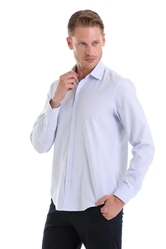 Mavi Comfort Fit Çizgili Pamuklu Slim Yaka Uzun Kollu Spor Gömlek-A. Mavi Ç. - 1
