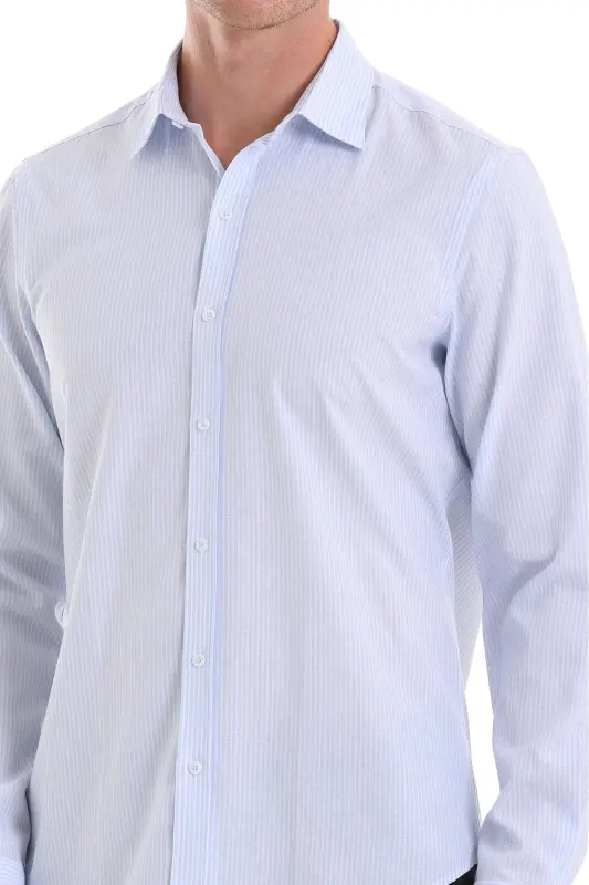 Mavi Comfort Fit Çizgili Pamuklu Slim Yaka Uzun Kollu Spor Gömlek-A. Mavi Ç. - 4