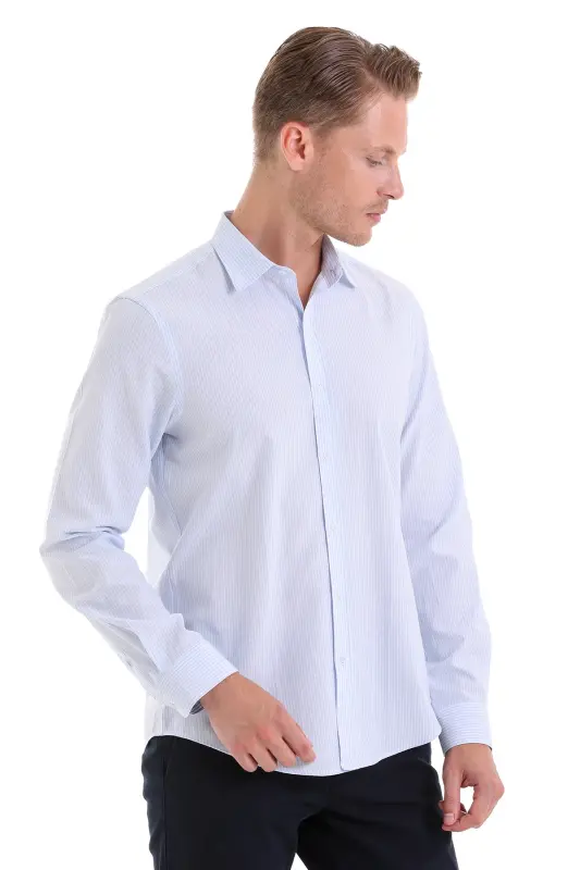 Mavi Comfort Fit Çizgili Pamuklu Slim Yaka Uzun Kollu Spor Gömlek-A. Mavi Ç. - 3