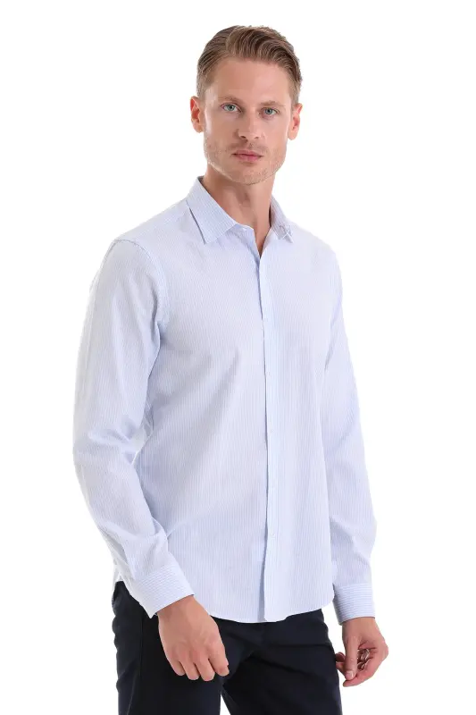 Mavi Comfort Fit Çizgili Pamuklu Slim Yaka Uzun Kollu Spor Gömlek-A. Mavi Ç. - 5